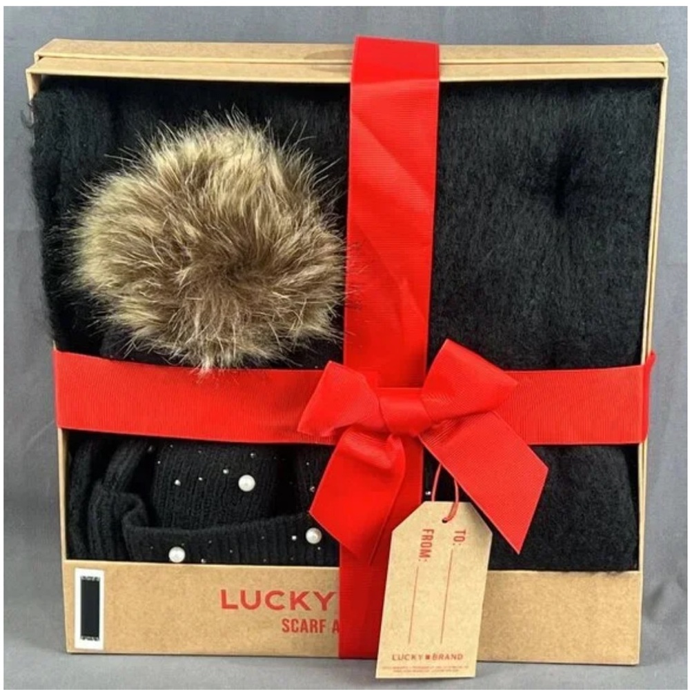 Lucky Brand Black Scarf and Hat with Faux Fur Pom-Pom